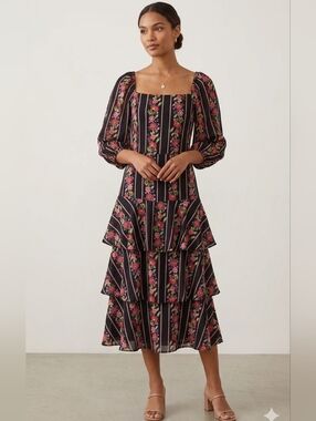 Gabby Skye Black Floral Tiered Midi Dress with Pink and Green Accents